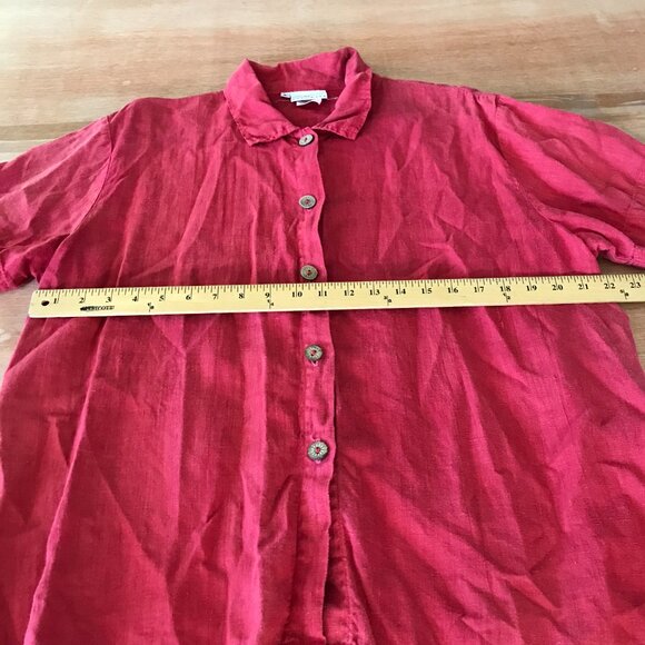 Hot Cotton Marc Ware 100% Linen Top Women L Red Button Up Short Sleeve Collared - Picture 7 of 11